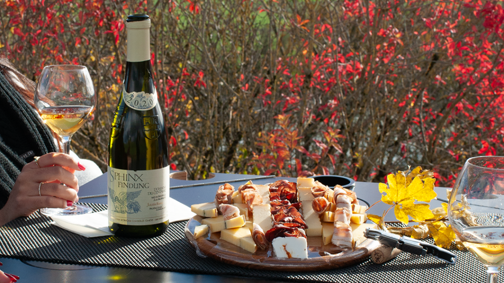 Plateau de fromage avec bouteille de vin à déguster dans un TukTuk, campagne genevoise.